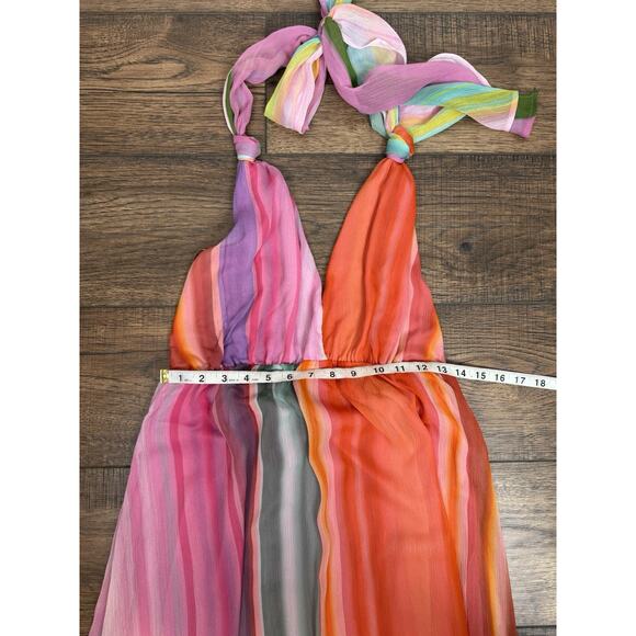 MNG by Mango Rainbow Striped Halter Maxi Dress Tie V-neck Sz 6 - Picture 10 of 11